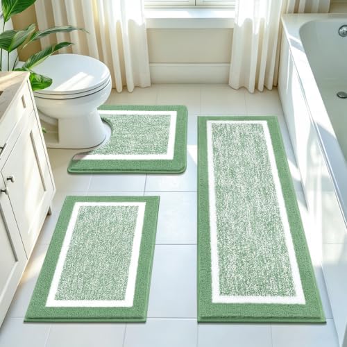 Pauwer Bathroom Rugs 3 Piece Set, Non Slip Washable Bath Mat, Green by Pauwer