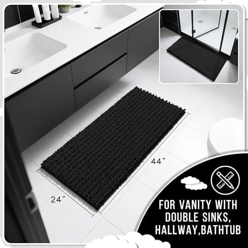 Yimobra Long Bathroom Rugs Non Slip Washable 44x24 Inch - Ultra Soft Absorbent Chenille Bath Mat, Quick Dry Shaggy Floor Carpet for Tub Shower, Black Home Decor Accessories - Image 2