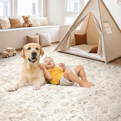 9x12 Area Rug for Living Room, Washable, Traditional, Distressed Beige - Image 5
