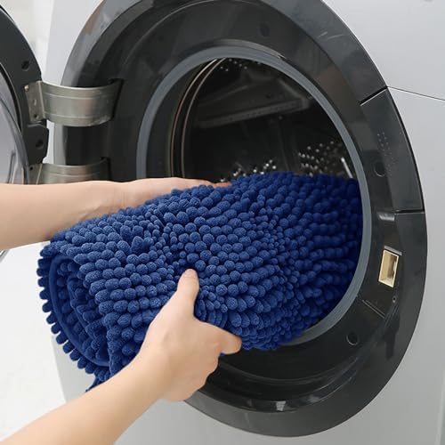ACCUMTEK Striped Denim Blue Toilet Bathroom Rug Mat 24" x 20" Contour Rug Ultra Soft, Non Slip Chenille Bath Rugs, Absorbent Plush Shaggy Bath Mats for Bathroom, Bedroom, Kitchen, Shower, Tub - Image 6