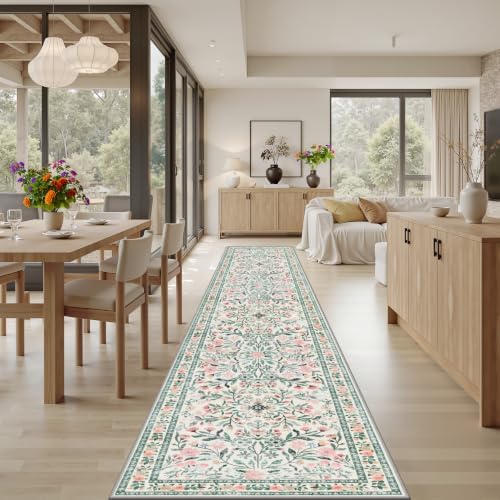 PLHXFR 2.6x14 Washable Runner Rug：Floral Indoor Kitchen Carpet Green Beige - Image 4