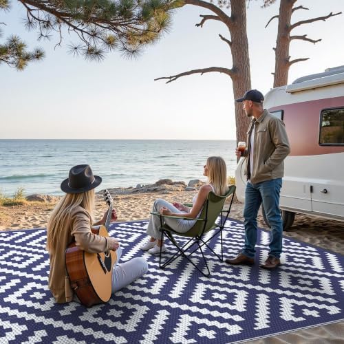 GENIMO Outdoor Rug, Waterproof Plastic Rugs 9'x12' for Camping Blue White - Image 4