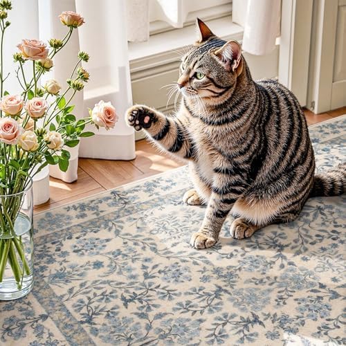 jinchan 8ft Washable Round Area Rug, Vintage Floral, Blue/Cream - Image 6