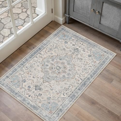 PureCozy Blue Area Rug 2x3 Entryway Vintage Floral Non-Slip Door Mat by PureCozy