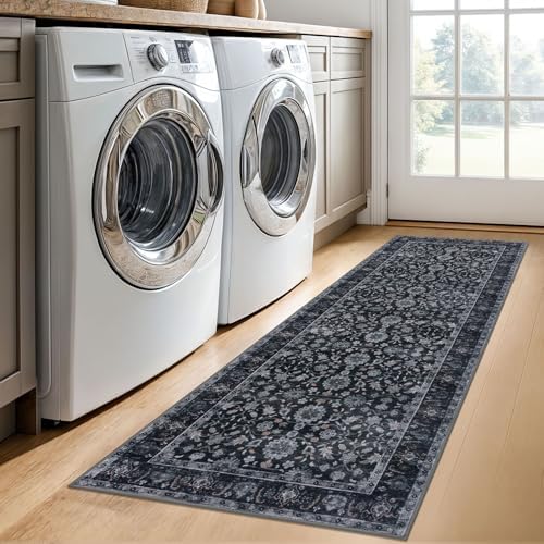 KUTA Vintage Washable Runner Rug, 2x6 Black Grey Orange Hallway Runner - Image 4