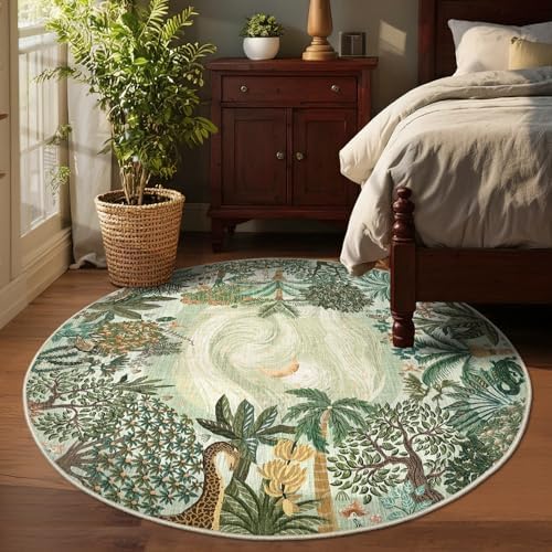 GarveeHome Round Area Rugs 4ft for Kids Room, Green Jungle Washable Circle Rug Soft Non Slip Forest Animal Print Floor Mat Tiger Carpet Indoor Thin Tent Rug for Bedroom Dining Room Playroom Nursery - Image 2