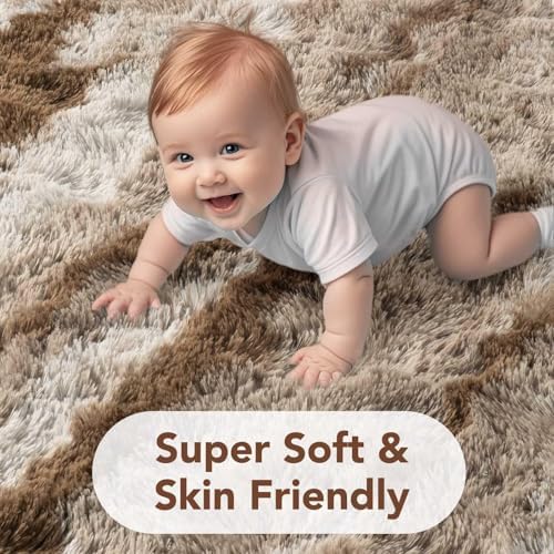 9x12 Non-Slip Fluffy Area Rugs For Living Room (Tie-dye Light Brown) - Image 5