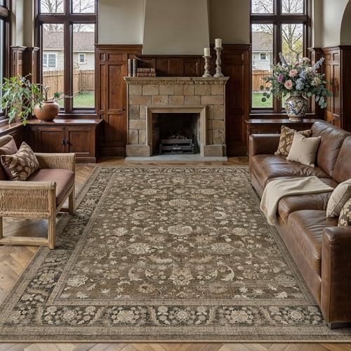 PureCozy Brown Area Rug 9x12 Vintage Floral Distressed by PureCozy