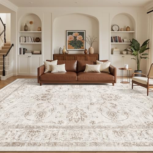 Madane 9x12 Area Rugs for Living Room, Washable Neutral Rug Brown/Ivory by Madane