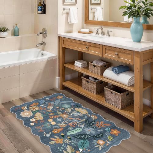 Washable Rug 2x3 for Entryway: Floral Scalloped Bathroom Rug Blue - Image 4