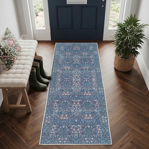Non Slip 2x6 Kitchen Runner Rug Washable, Hallway Runner Rugs, Boho Vintage Floral Blue Non Skid Carpet Stain Resistance Ultra Soft Low Pile for Entryway, Bathroom Mats for Floor - Image 4