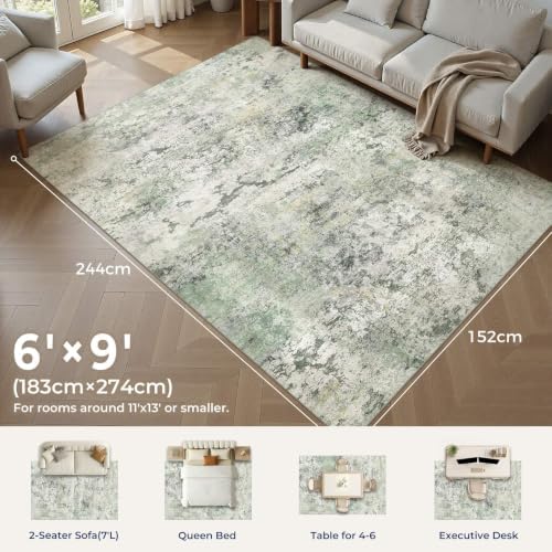DMOYEST Area Rug Living Room Rugs - 6x9 Large Soft Indoor Neutral Modern Abstract Low Pile Washable Rug Carpet for Bedroom Dining Room Farmhouse Home Office - Green/Grey/Yellow - Image 2