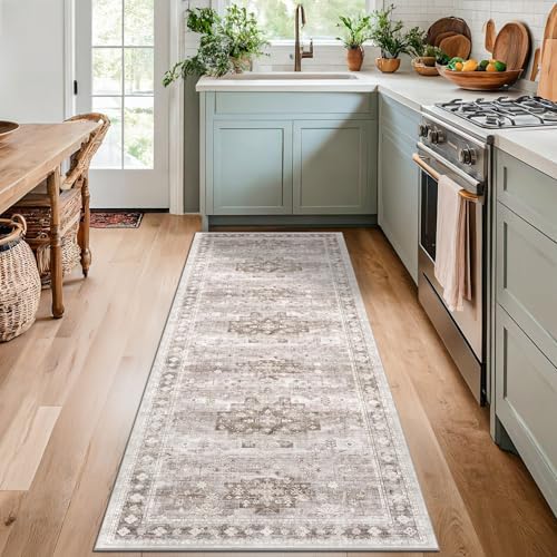 Hazo Haus Boho 2x7 Long Runner, Neutral Farmhouse Hallway Rug, Small Throw Runners for Bedroom, Bathroom, Kitchen, Vintage Floral Decor & Non-Slip Low-Pile Washable Stain Resistant, Latte Beige - Image 3