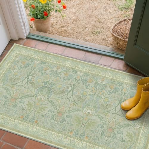 2x4 Small Green Kitchen Rugs Non Slip, Floral & Botanical Shabby Chic Washable Low Pile Area Rug for Bedroom, Bathroom, Mudroom, Powder Room - Image 3