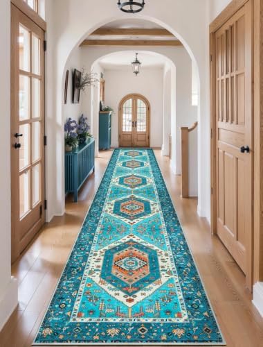 SERISSA 2'6"x16' Washable Non Slip Boho Runner Rug for Hallway，Blue by SERISSAHomeDecorCollection