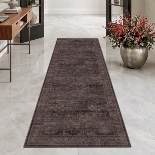 Washable 2x6 Runner Rug for Hallway, Dark Taupe Brown Low Pile Non-Slip Long Kitchen Runner Rugs for Bathroom Laundry Room, Boho Vintage Traditional Eclectic Stain Resistant Carpet by Unknown