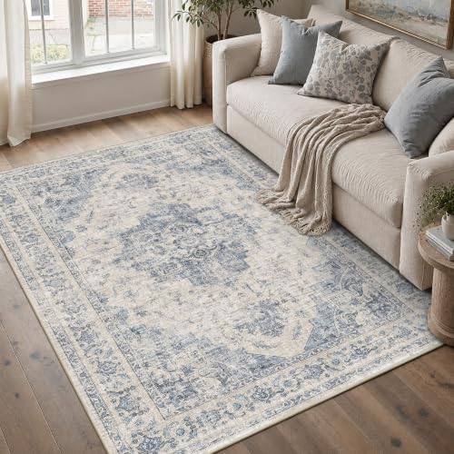 Washable 4x6 Bedroom Area Rug Soft Medallion Floral Blue Throw Carpet by HOME