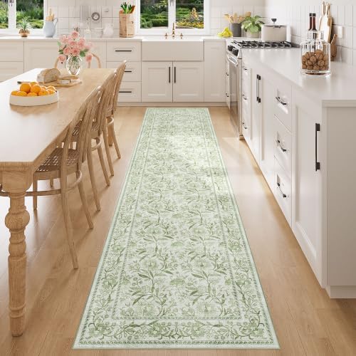 DUKINO 2.6x8 Runner Rug, Washable Vintage Floral Kitchen Runners Sage Green - Image 5