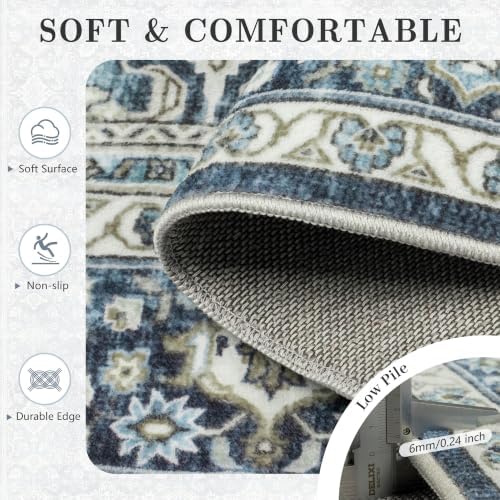 6x9 Area Rugs - Washable Vintage Retro Living Room Rug, Soft Ultra Thin Non Slip Low Pile Traditional Distressed Boho Carpet for Bedroom Dining Room Nursery Home Office, Blue - Image 7