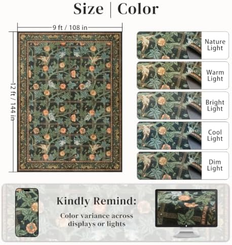 9x12 Washable Area Rug, Green Floral Vintage Rug for Living Room Bedroom - Image 2