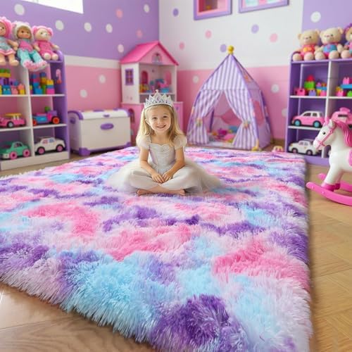 Amdrebio Pink Blue Purple Big Shaggy Rug 6x9 for Living Room Girls Bedroom - Image 3