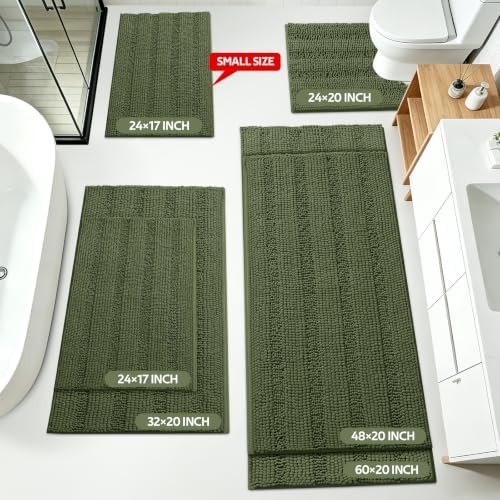 Christmas Striped Olive Green Bathroom Rug Mat Set 2 piece 24"x17"+48"x20" Ultra Soft, Non Slip Chenille Bath Rugs, Absorbent Plush Shaggy Bath Mats for Bathroom, Bedroom, Kitchen, Shower, Tub - Image 2