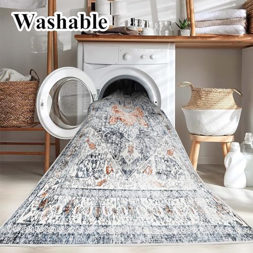 CHAMPLANT Area Rug 6x9 Washable Rug Gray Vintage Traditional Floor Cover Thin Retro Kitchen Indoor Distressed Non Slip Carpet Floral Print Mat Living Room Bedroom Dining Room - Image 2