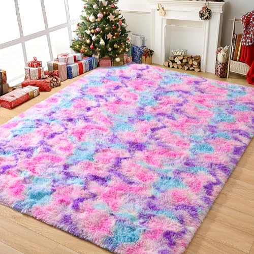 Tepook Pink Blue Purple Fluffy 8x10 Area Rug for Girls Bedroom by Tepook