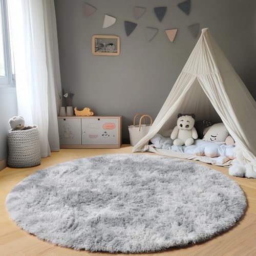 ONASAR Round Rugs 5ft for Bedroom Living Room, Fluffy Tie-Dyed Light Grey Circle Area Rug for Kids Girls Boys Teen, Soft Plush Shaggy Carpet for Nursery Dorm Classroom Playroom Home Decor Aesthetic - Image 6