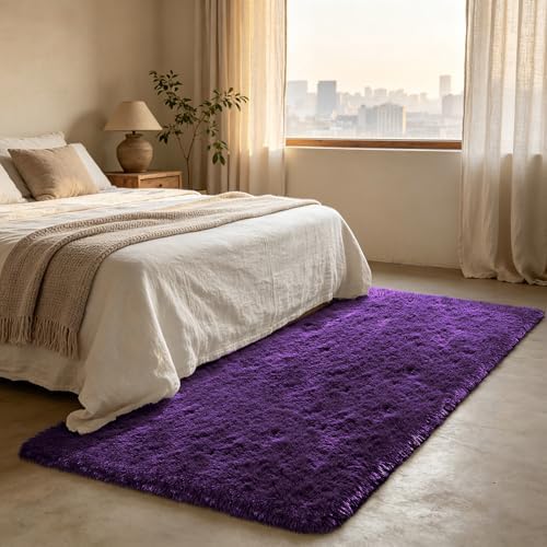 Shag Runner Rug for Bedroom Living Room 3x7 Upgrade Non-Slip Fluffy Soft Bedside Rugs,Purple Shaggy Purple Carpet for Livingroom Dorm Home Decor Aesthetic - Image 3