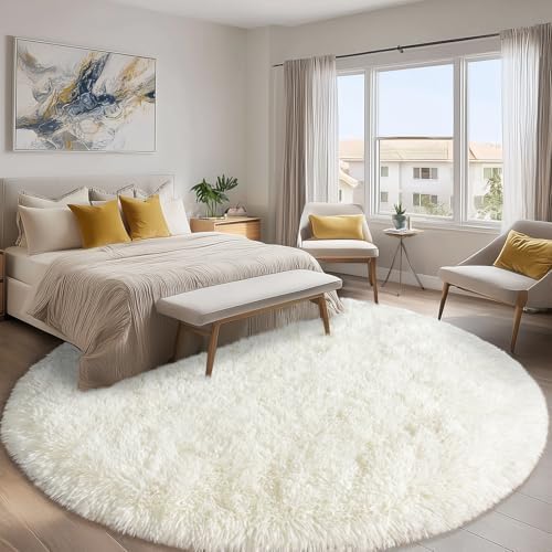 7ft Fluffy Cream White Round Rug for Bedroom Living Room, Washable Non-Slip - Image 2