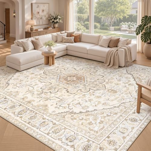 Area Rugs 8x10 Vintage Rug: Large Washable Living Room Rug Retro Medallion Distressed Soft Low Pile Non-Slip Indoor Floor Carpet for Bedroom Kitchen Nursery Dining Office (BeigeBrown, 8'x10') by MXSANYOORUG
