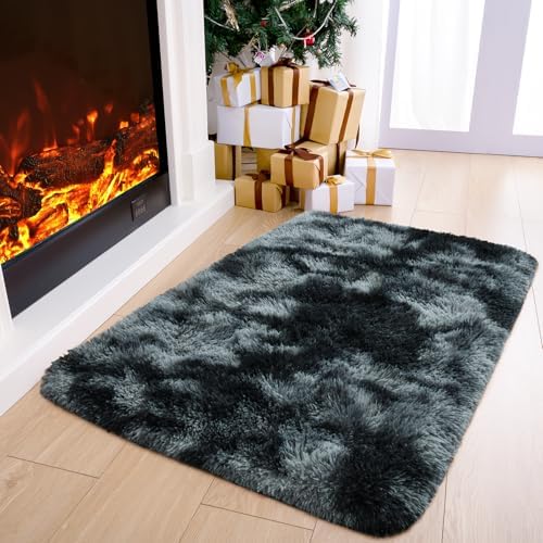 2x3 Tie-Dyed Black and Grey Fluffy Area Rug Non-Slip for Entryway Bedroom by ModernHomeDecor