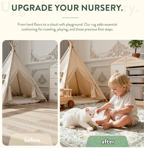 Lahome Sylvie Round Boho Floral Rugs 4ft, Cream Washable Circle Rugs for Bedroom Nursery, Vintage Beige Circular Carpet, Soft Non-Slip Carpet for Kids Room Playroom Calm Corner, Beige - Image 4
