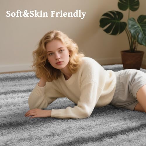 5x7 Ft Large Shag Rug for Living Room Bedroom,Tie-Dyed Ultra Soft Fluffy Furry Area Rug, Aesthetic Carpet for Indoor Floor Home Decor (Grey&White) - Image 4