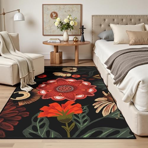 Tyrot Vintage Boho Floral 3x5 Washable Area Rug Flat Woven Ultra-Thin Low-Pile Botanical Rugs Non-Slip Indoor Rug for Bedroom, Entryway, Kitchen, Dorm, Kids Room, Nursery, Black Red - Image 2