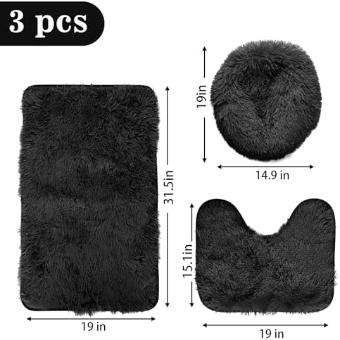 Black Bathroom Rugs Sets 3Piece Bath Mat Solid Bath Rug Floor Mats Washable Shower Rug with U-Shaped Contour Rug Toilet Lid Cover - Image 2
