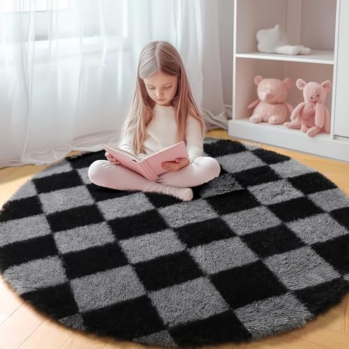 KICMOR Round Rugs 5ft Black and Grey Circle Area Rug, Fluffy Soft Fuzzy Shag Shaggy Bedroom Living Room Carpet, Indoor Checkered Circular Rug for Teen Kids Boys Girls Home Decor Aesthetic, Nursery by KICMOR