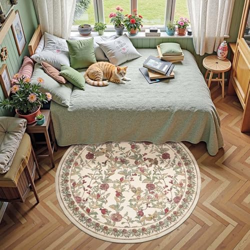 jinchan 5ft Round Rug Floral Vintage Washable Area Rug, Red/Green - Image 5