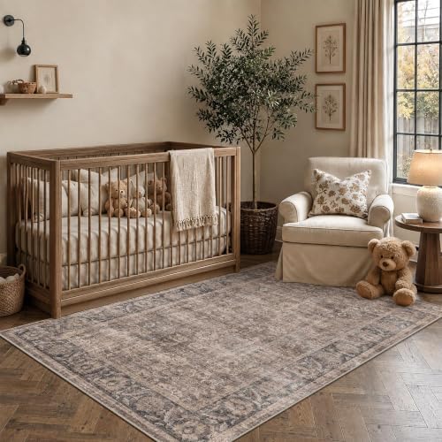 Washable 3x5 Entryway Non-Slip Area Rug Retro Taupe Navy Throw Carpet - Image 2