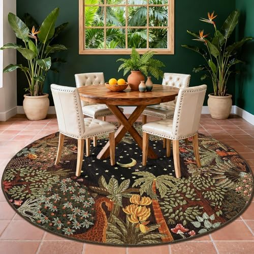 GarveeHome Round Area Rugs 5ft for Bedroom, Brown Jungle Washable Circle Rug Soft Non Slip Forest Animal Print Floor Mat Tiger Carpet Indoor Thin Rug for Kids Room Dining Room Playroom Nursery - Image 3