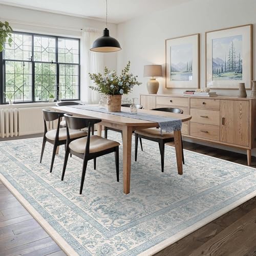 8x10 Washable Living Room Area Rug Non-Slip Vintage Blue Large Carpet - Image 4