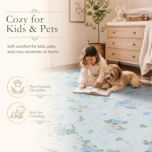 Wonnitar 5x7 Blue Rug for Bedroom, Washable Boho Bow Floral Rug for Dorm - Image 4
