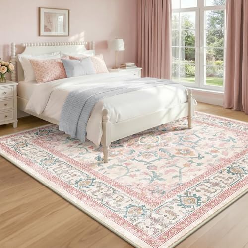 CAPALOCA Square 8ft Washable Nursery Girls Low Pile Area Rug Pink Teal - Image 3