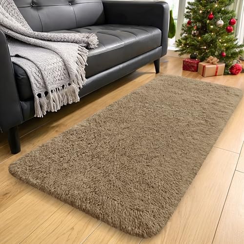 OLANLY 2x8 Machine Washable Runner Rugs for Hallway, Soft Fluffy Shaggy Bedside Rugs for Bedroom, Living Room, Indoor Floor Carpet for Kids Girls and Boys, Home Decor Aesthetic, Taupe - Image 3