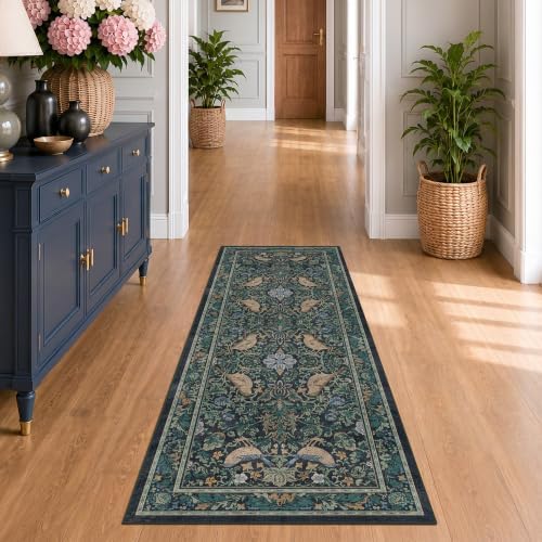 Botanical Bird 2x6 Entryway Rugs Indoor, Machine Washable Runner Rugs for Hallway, Blue and Teal Non Slip Mat for Bathroom, Bedroom Beside Bed, Kitchen, Stain Resistant Forest Green Décor by HazoHaus