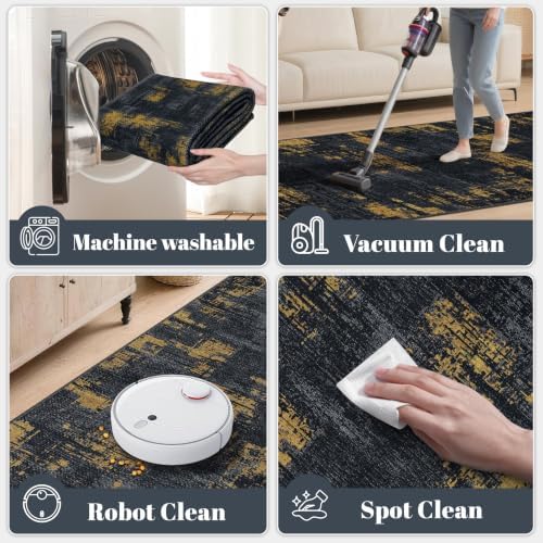 Hallway Runner Rug 2x10 Textured Non Slip Carpet Runner, Navy/Gold - Image 5