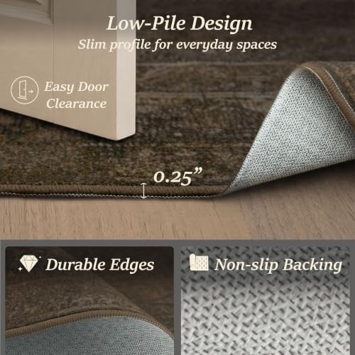 Brown 2x6 Hallway Runner Rug, Non-Slip Washable Vintage Distressed Rugs for Bathroom & Entryway, Low Pile Stain Resistant Kitchen Runner, Modern Farmhouse Décor - Image 5