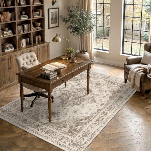 5x8 Washable Bedroom Area Rug Non-Slip Medallion Taupe Throw Carpet - Image 4