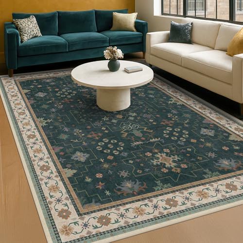 Hazo Haus Vintage Dark Green 6x9 Dining Room Rugs for Under Kitchen Table - Washable Livinig Room Rug - Unique Floral Pastel Low Pile Non-Slip Large Area Rugs for Bedroom by HazoHaus